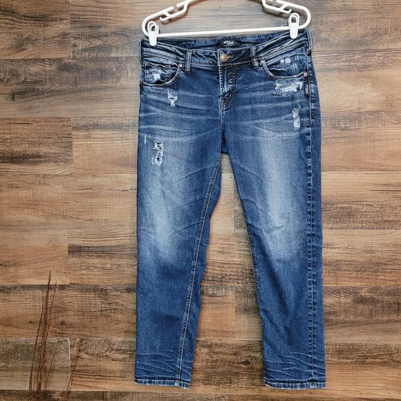 Silver Jeans Sz 29 Sam Boyfriend Low Rise Tummy Control Ripped Medium Dark Wash - Picture 2 of 13